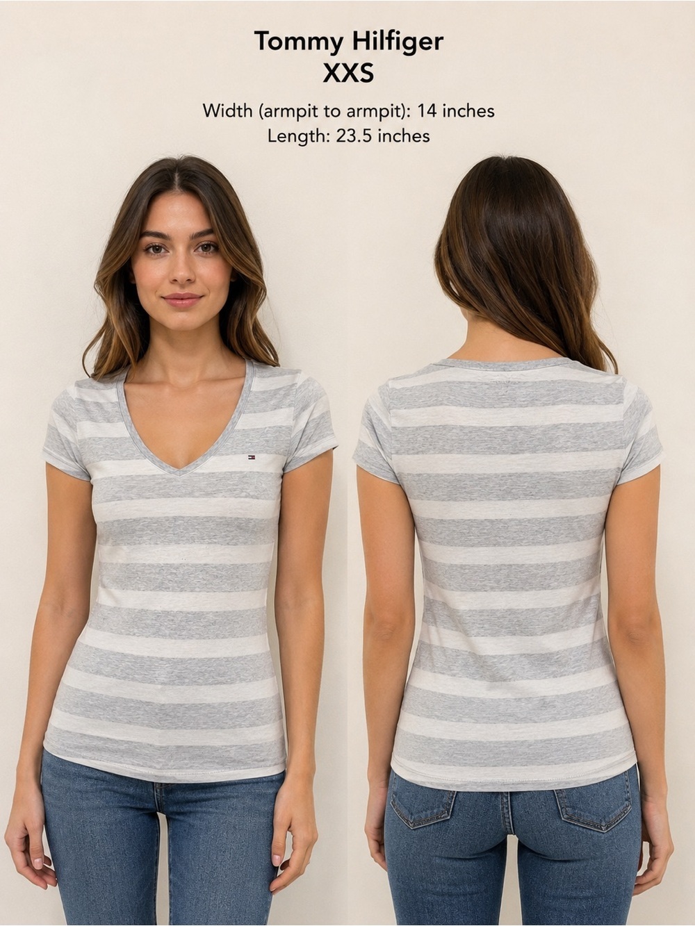 Tommy Hilfiger Gray & White Striped V-Neck Tee